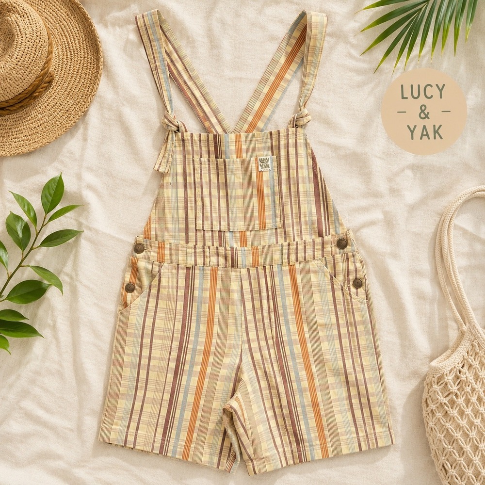 Lucy & Yak Organic Cotton Plaid Short Overalls XS Multicolor Striped Dungarees